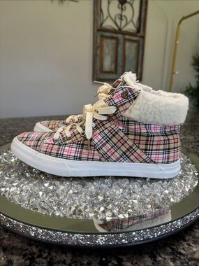 Pink and tan Plaid High-Top Sneakers with Sherpa Collar NEW